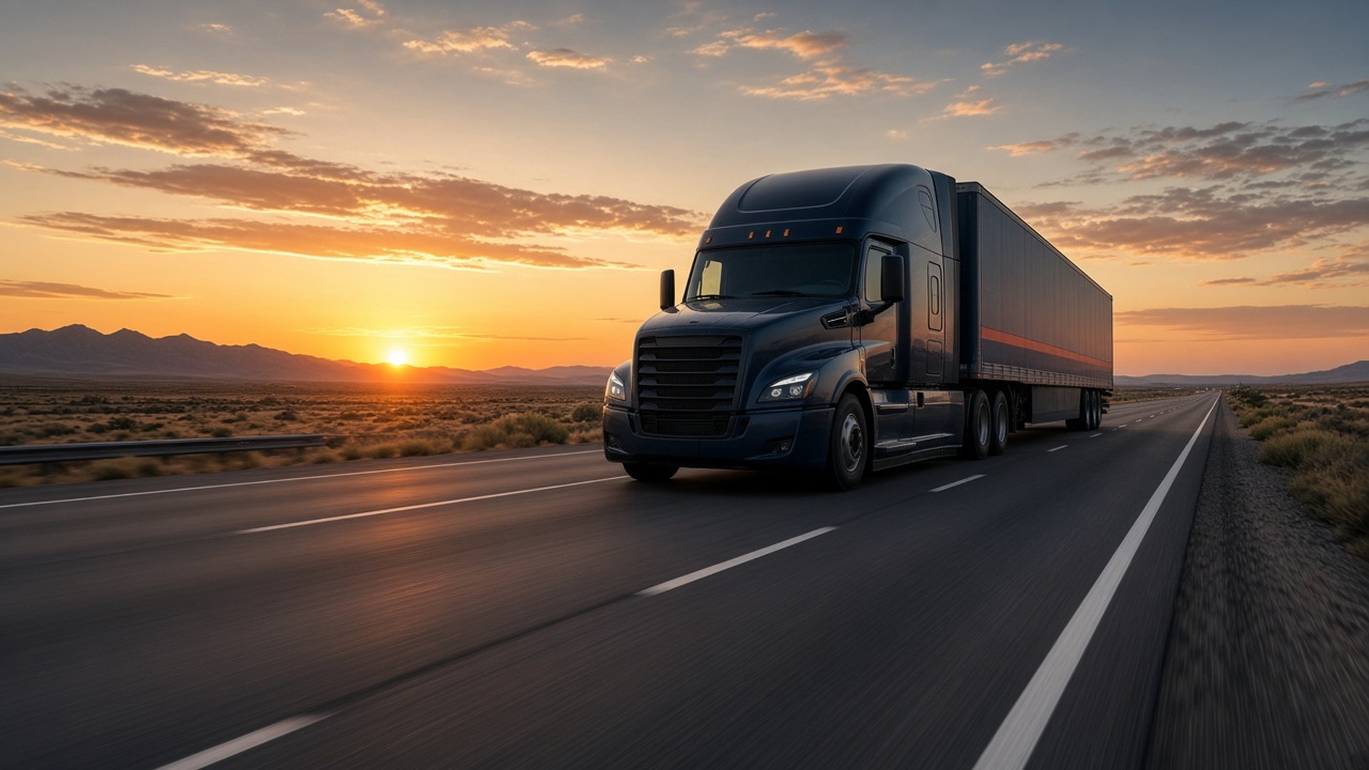 Modern tractor-trailer moving along an open interstate at sunrise